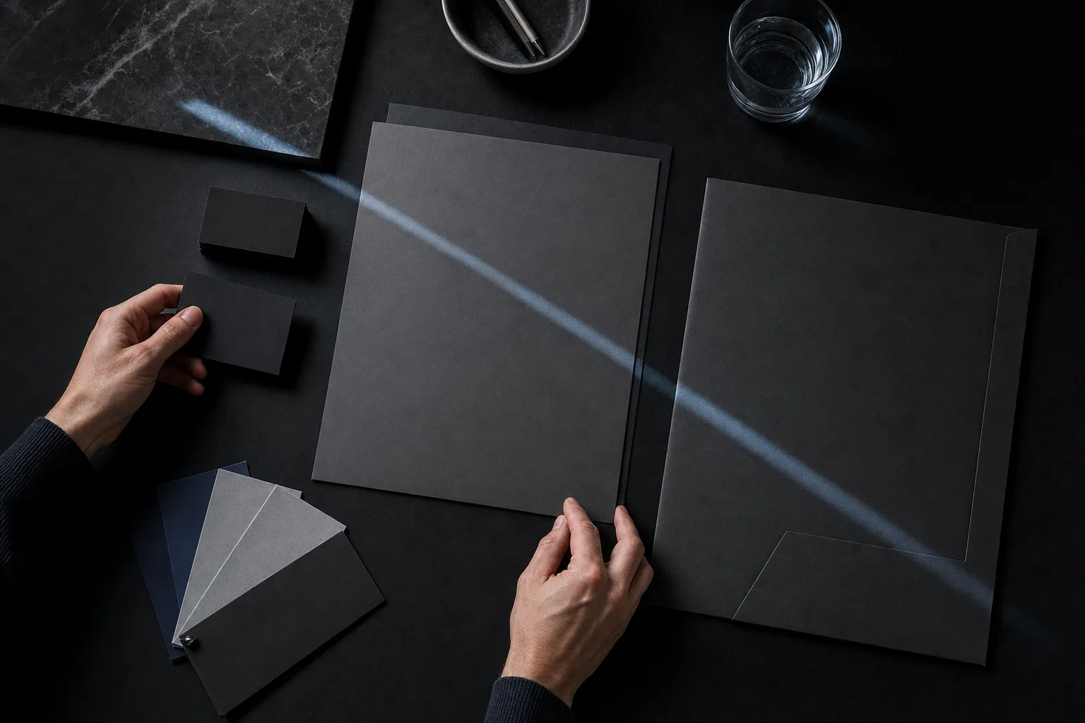 Manos ordenando tarjetas, papelería y muestras de color de una identidad de marca
