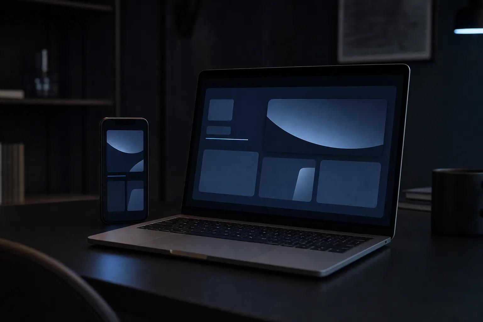 Una web abierta en un celular y una computadora sobre un escritorio oscuro